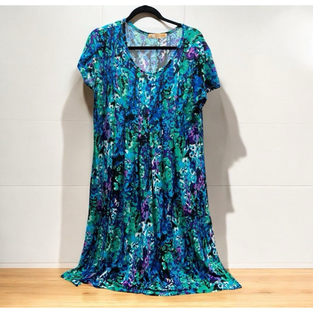 La Cera Midi Dress Size L Pleated Waist Blue Purple Floral Print Round Neckline